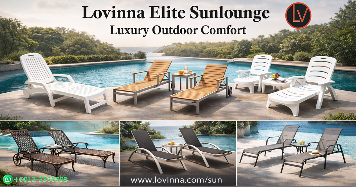 luxury sunlounge collection arranged beside a serene infinity pool with lush greenery backdrop, featuring elegant wood, mesh and premium plastic loungers with adjustable backrest, spacious and comfortable layout ideal for resort, villa or garden relaxation, creating a refined, tranquil and high-end outdoor living atmosphere with durable weather-resistant materials and timeless design