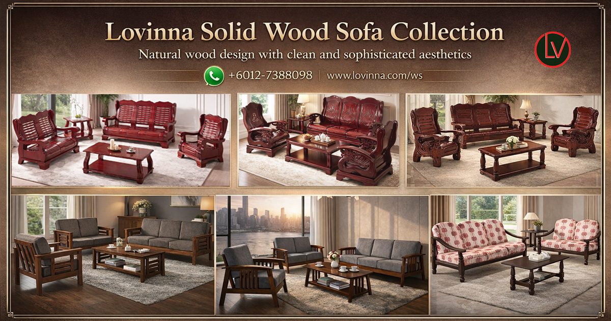 luxury solid wood sofa collection arranged in elegant living room settings with warm lighting and refined interior, showcasing premium craftsmanship, rich wood textures, comfortable cushioned seating and timeless design that creates a sophisticated, cozy and tasteful atmosphere suitable for modern homes and executive spaces