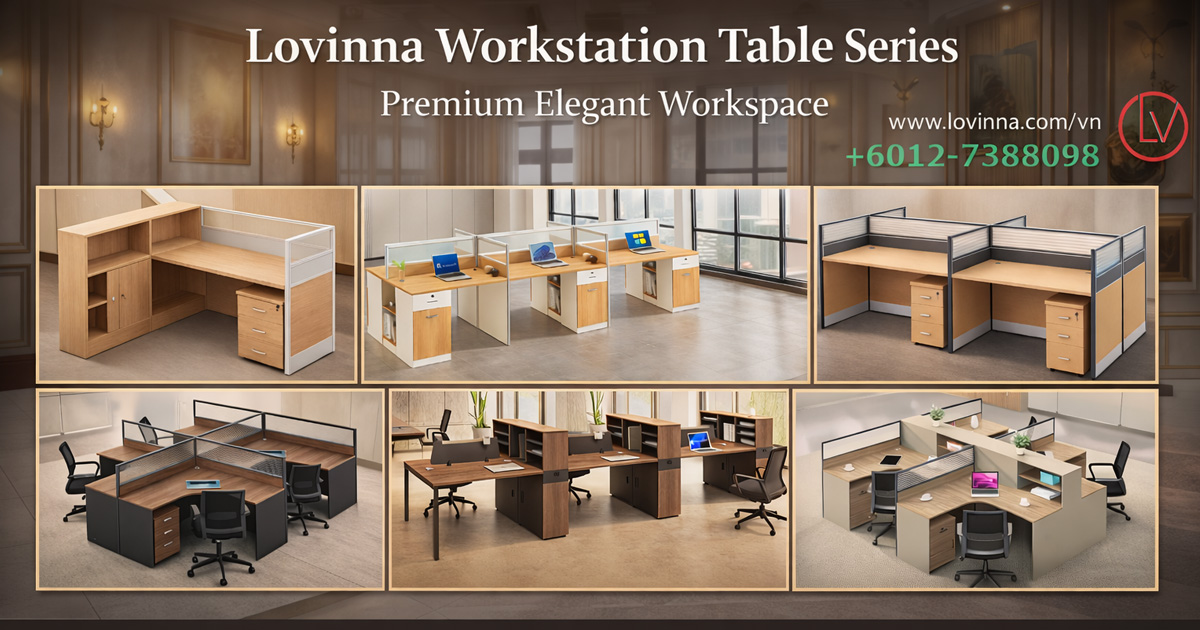 premium office workstation table set arranged in a modern open workspace with elegant wood finish and partition panels, creating a calm professional atmosphere with comfortable seating layout, suitable for team collaboration, organized cable management, spacious legroom and refined corporate interior styling